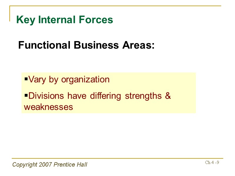 Copyright 2007 Prentice Hall Ch 4 -9 Key Internal Forces Functional Business Areas: Vary